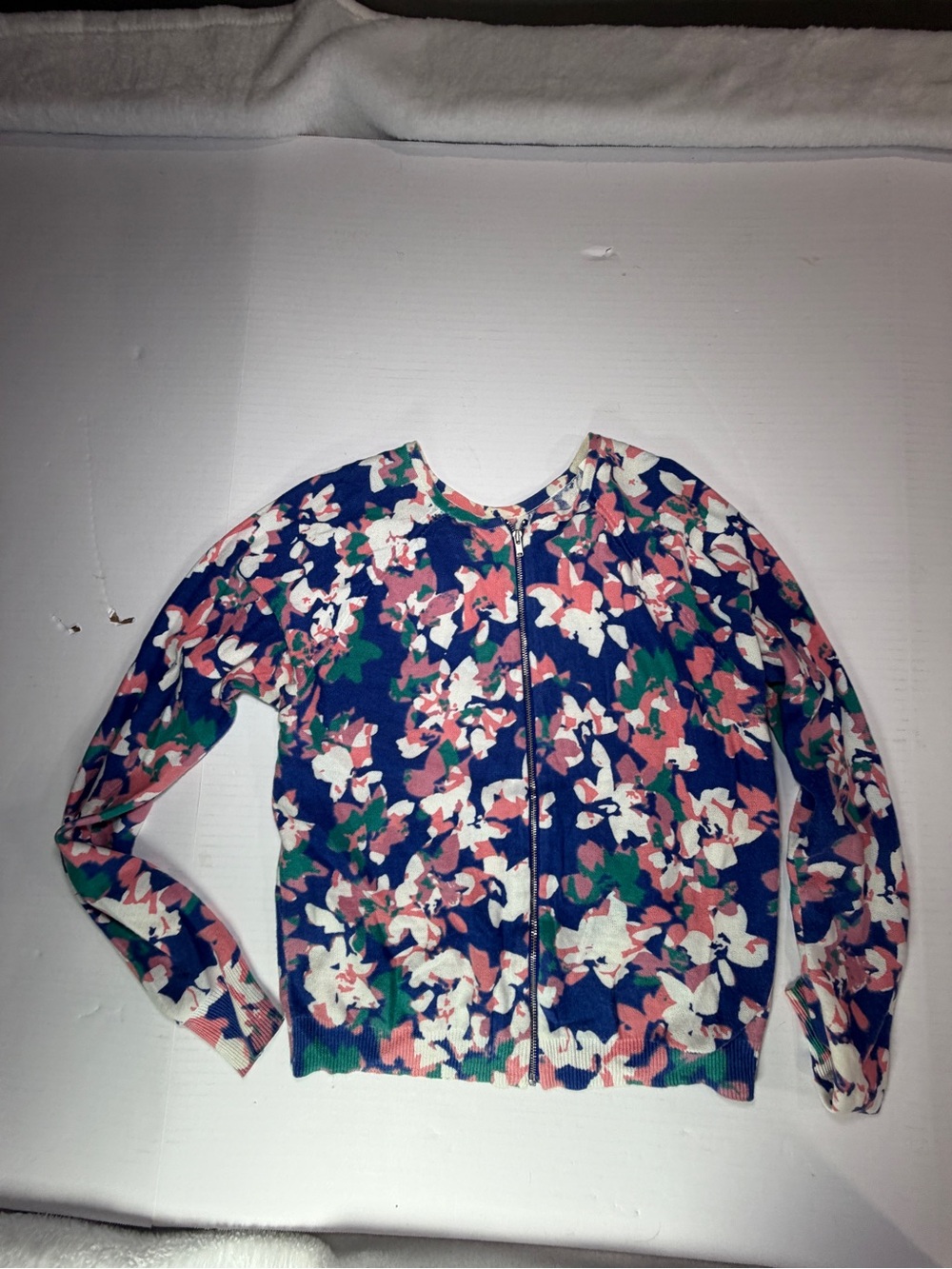 Tracy Reese Navy Floral Zip Cardigan with Pink, White & Green